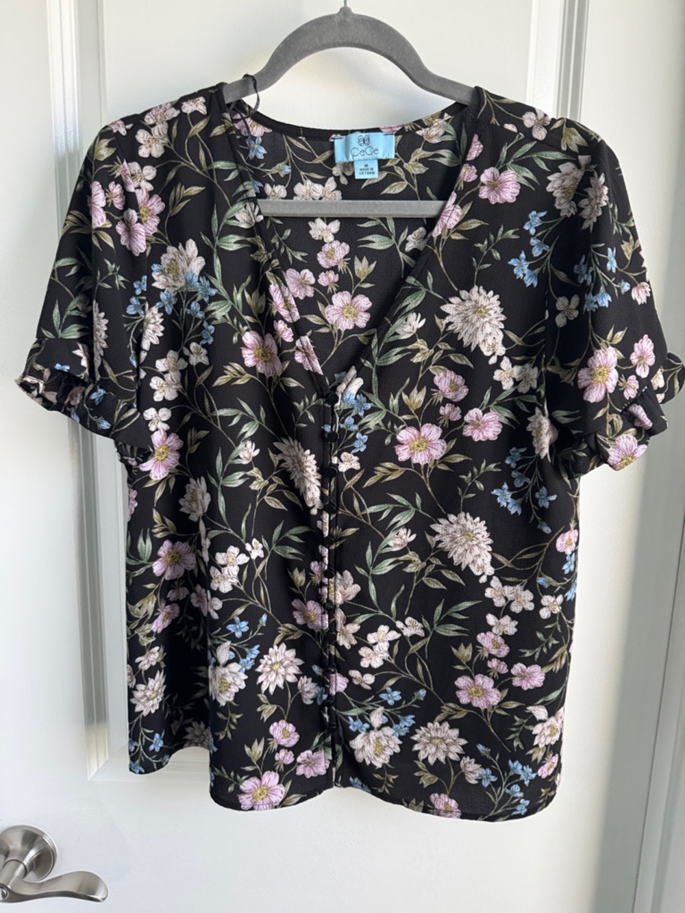 Eloquii Black Floral V-Neck Button Blouse with Pink & Blue Blossoms